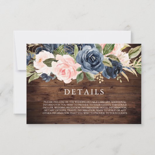 Carte Rustic Elegant Navy & Blush Mariage Détails (Devant)