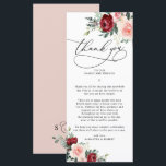 Carte Rustic Fall Floral Mariage Merci<br><div class="desc">Conçu pour s'harmoniser avec notre collection Romantic Blooms,  cette carte à lettres Merci personnalisable présente des fleurs d'aquarelle bordeaux et rousses avec des feuilles verdoyants jumelés à une police serif élégante et des graphismes de calligraphie élégants. Éléments correspondants disponibles.</div>