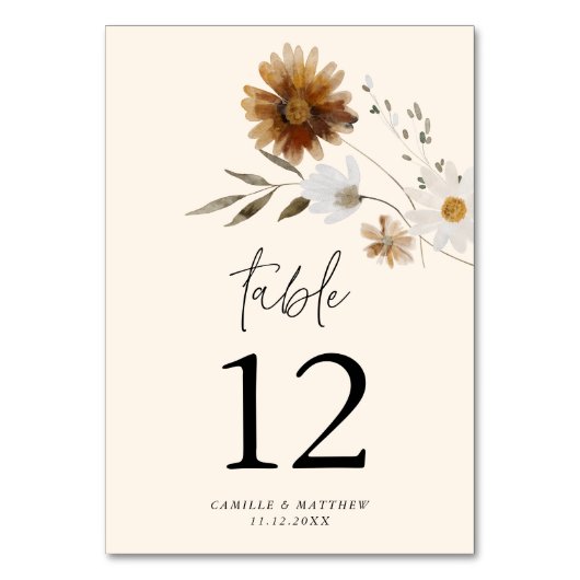 Carte Rustic Fall Floral Numéro de table (Dos)