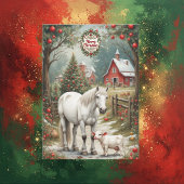 Carte Rustic Farm Horse Red Barn Merry Christmas Card