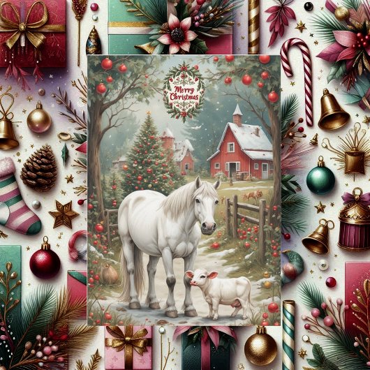 Carte Rustic Farm Horse Red Barn Merry Christmas Card