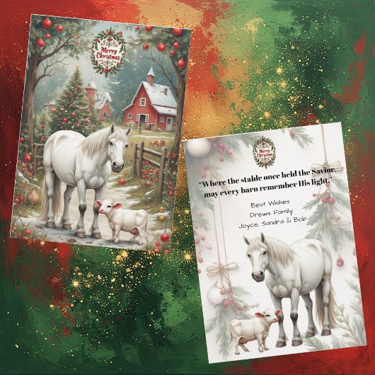 Carte Rustic Farm Horse Red Barn Merry Christmas Card