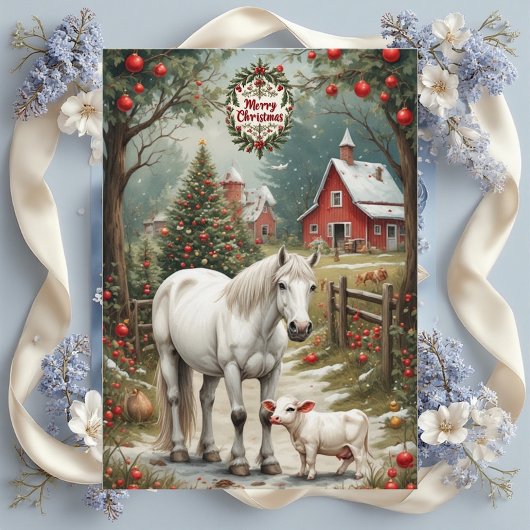 Carte Rustic Farm Horse Red Barn Merry Christmas Card