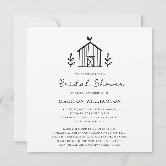 Carte Rustic Farmhouse Barn Script QR code Fête des mari (Devant)