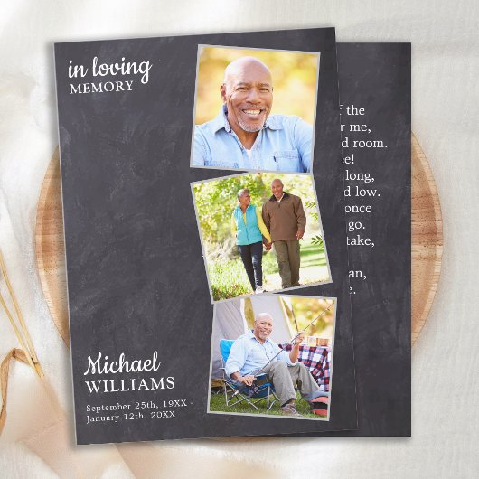 Carte Rustic Funeral Custom 3 Photo Memorial Prayer Card