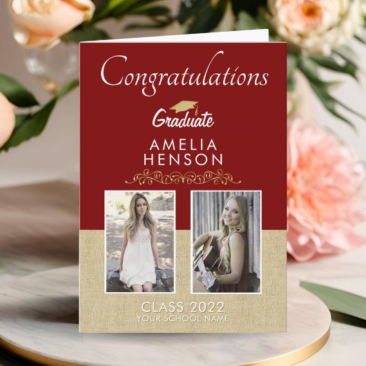 Carte Rustic Gold Red Graduate 2 - Diplôme photo