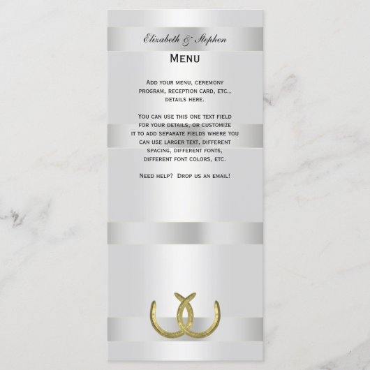 Carte Rustic Golden Horseshoes Silver Wht Menu Car (Devant)