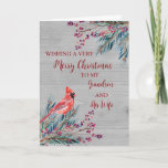 Carte Rustic Grandson et sa femme Joyeux Noël<br><div class="desc">Joyeux Noël pour petit-fils et sa carte de femme avec aquarelle feuillage,  un cardinal et motif de bois et verset réfléchi.</div>