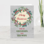 Carte Rustic Grandson et sa femme Joyeux Noël<br><div class="desc">Joyeux Noël pour petit-fils et sa carte de femme avec une aquarelle rustique couronne de noël et verset réfléchi.</div>