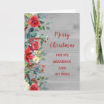 Carte Rustic Grandson et sa femme Joyeux Noël<br><div class="desc">Joyeux Noël pour petit-fils et sa carte de femme avec le feuillage vert aquarelle,  motif en bois rustique et pinecones et verset réfléchi.</div>