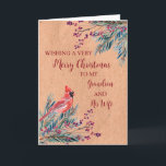 Carte Rustic Grandson et sa femme Noël<br><div class="desc">Joyeux Noël pour petit-fils et sa carte de femme avec aquarelle feuillage,  un motif cardinal et vintage en papier et verset réfléchi.</div>
