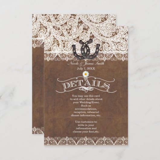 Carte Rustic Horseshoe & Lace Country DETAILS (Devant / Derrière)