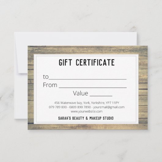 Carte Rustic Kraft Beach Wash Certificat cadeau personna (Dos)