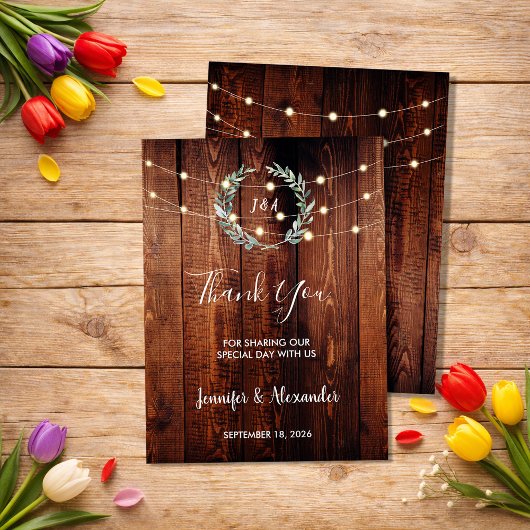 Carte Rustic leaves string lights Thank you wedding card