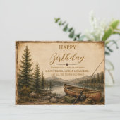 Carte Rustic Mountain Lake Canoe Fishing Birthday | (Debout devant)
