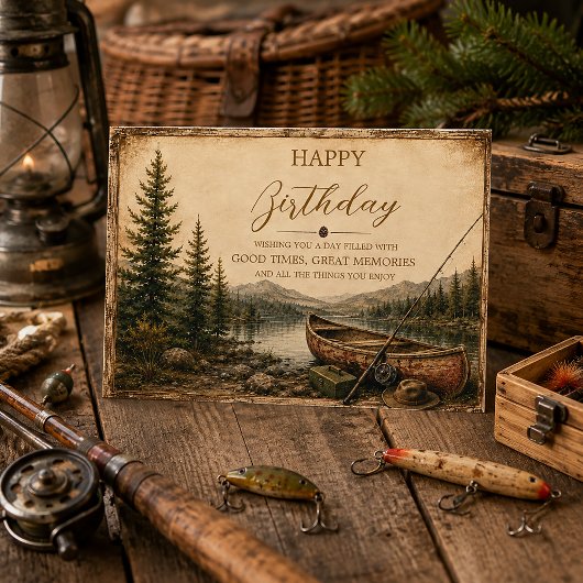 Carte Rustic Mountain Lake Canoe Fishing Birthday |