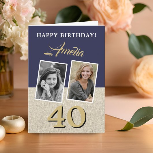 Carte Rustic Navy Blue Joyeux 40e anniversaire 2 Photos