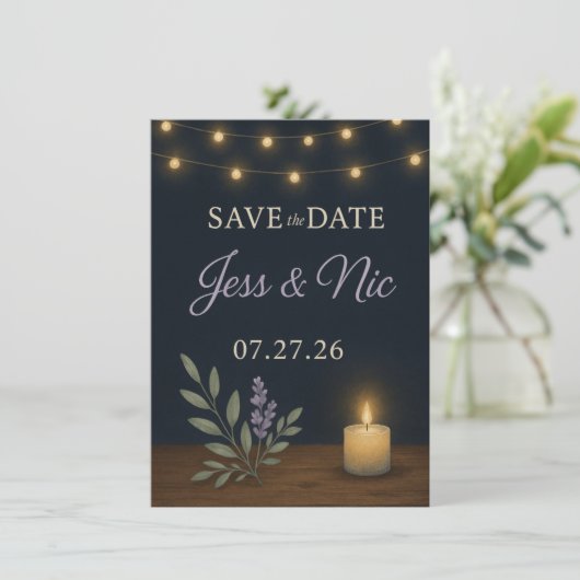 Carte Rustic Night Glow Save the Date Card – Flat Card (Debout devant)