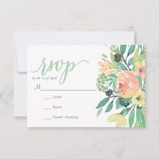 Carte RUSTIC rose aquarelle fleurs feuillage RSVP (Devant)