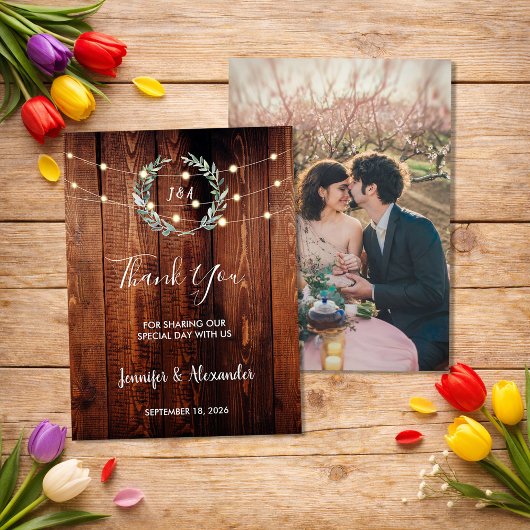 Carte Rustic string lights Thank you wedding photo card