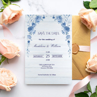 Carte Rustic Wood  Blue Floral Elegant Save the Date