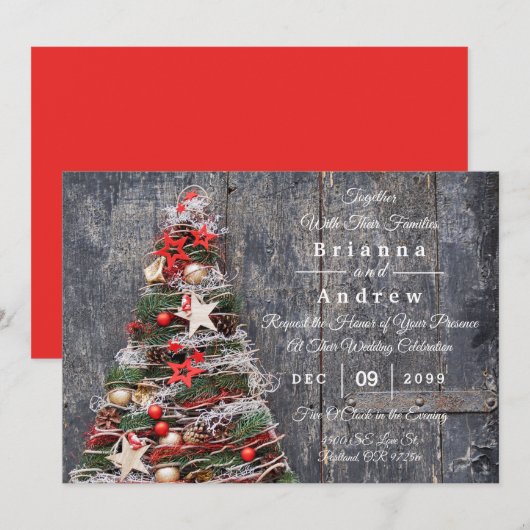 Carte Rustic Wood Country Christmas Tree Stars Mariage (Devant / Derrière)
