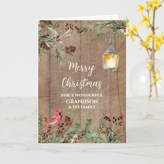 Carte Rustic Wood Grandson & Family Joyeux Noël (Fleur jaune)