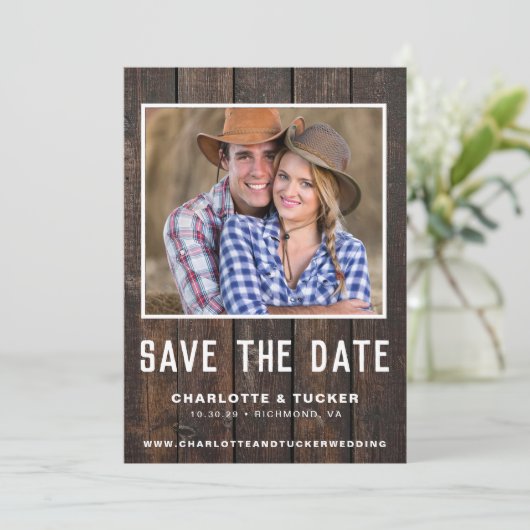 Carte Rustic Wood Photo Enregistrer la date (Debout devant)