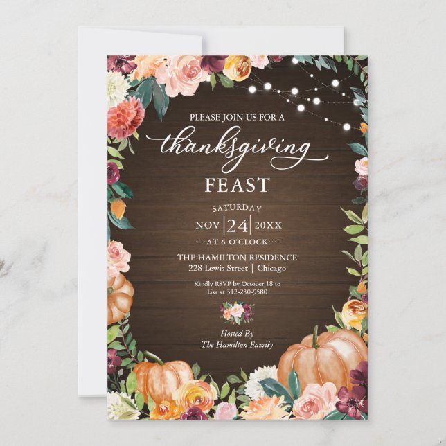 Carte Rustique Automne Floral Thanksgiving Fête Invitati (Devant)