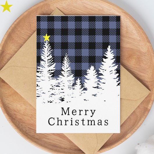 Carte Rustique bleu plaid buffalo forêt Joyeux Noël