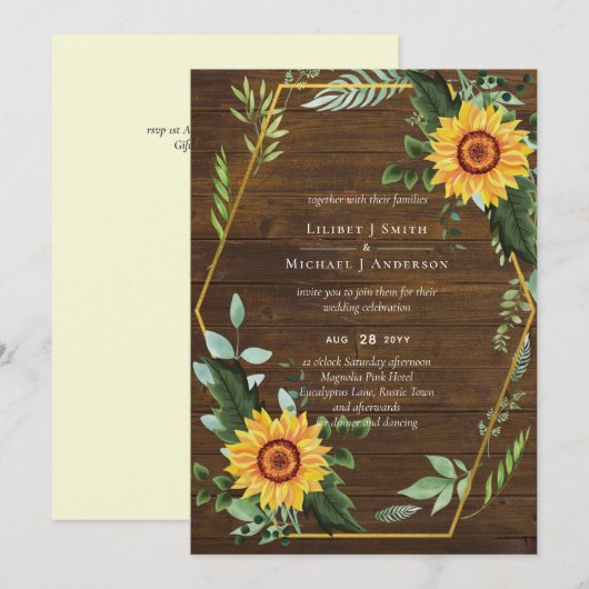 Carte Rustique BOHO Sunflowers Mariage de verdure (Devant / Derrière)