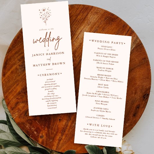 Carte Rustique Burnt Orange Elegant Boho Wedding Program
