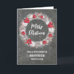 Carte Rustique Chalkboard Brother Joyeux Noël<br><div class="desc">Joyeux Noël pour la carte de frère avec motif rustique en tableau de bord et couronne enneigée avec poinsettias.</div>