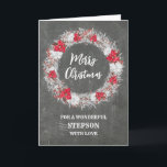 Carte Rustique Chalkboard Stepson Joyeux Noël<br><div class="desc">Joyeux Noël pour la carte stepson avec motif rustique en tableau de bord et couronne enneigée avec poinsettias.</div>