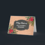 Carte Rustique Chalkboard Stepson Joyeux Noël<br><div class="desc">Joyeux Noël pour la carte stepson avec motif en damier rustique et feuillage d'hiver avec poinsettias.</div>