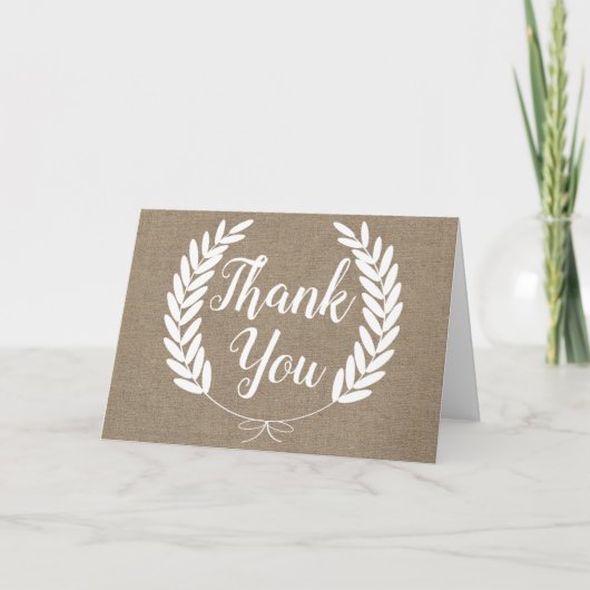 Carte Rustique Faux Burlap & White Laurels Merci (Devant)