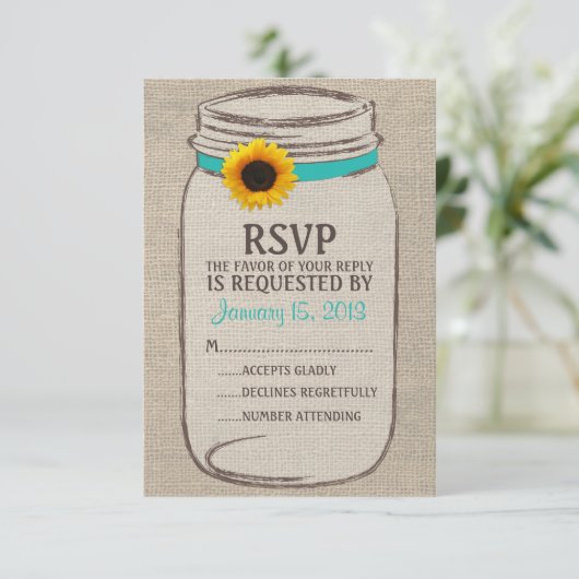 Carte Rustique Mason Jar & Burlap et Sunflower RSV (Debout devant)