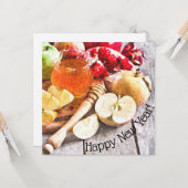 Carte Rustique Rosh Hashanah Aquarelle Pommes et miel (Devant/Arrière en situation)