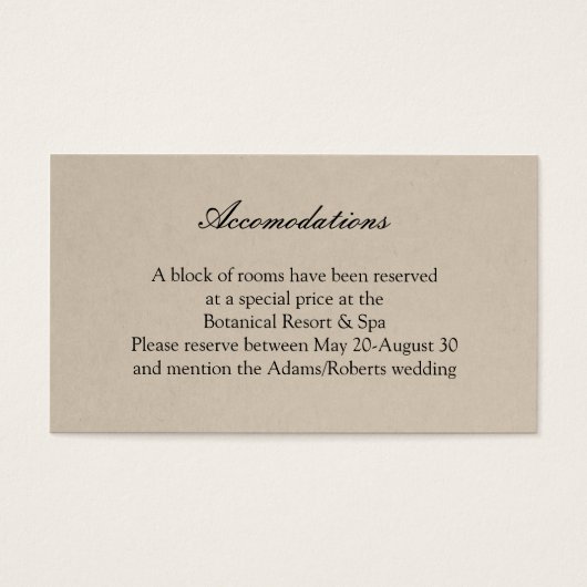 Carte Rustique Succulente Mariage Hébergement (Devant)