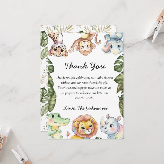 Carte Safari Animals Baby Shower Thank You Card (Devant/Arrière en situation)