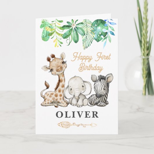 Carte Safari Animaux Heureux 1er anniversaire Salutation (Devant)