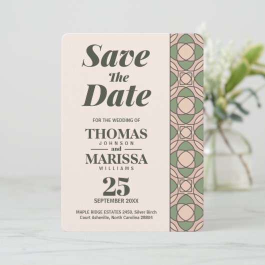 Carte Sage Green Art Deco Wedding Save the Date Card (Debout devant)