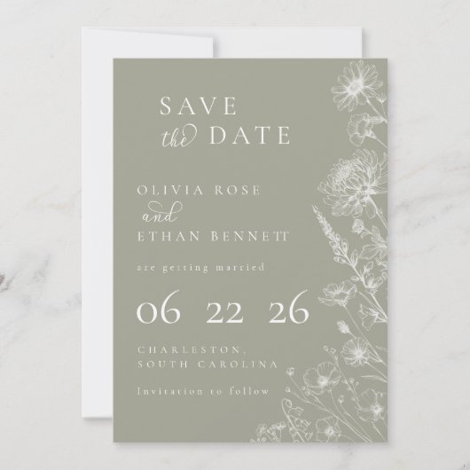 Carte Sage Green Botanical Minimal Wedding Save the Date (Devant)