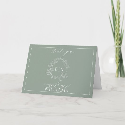 Carte Sage Green Crest Monogramme Photo Merci Ca (Devant)