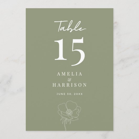 Carte Sage Green Elegant Floral Mariage 5x7 Numéro de ta (Dos)