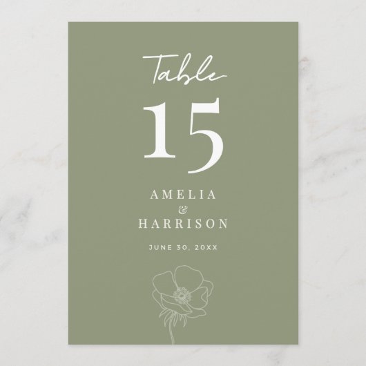 Carte Sage Green Elegant Floral Mariage 5x7 Numéro de ta (Devant)