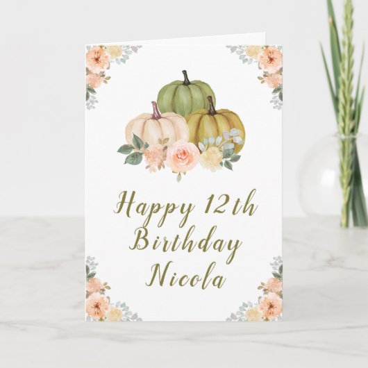 Carte Sage Green et Peach Floral Citrouille Anniversaire (Devant)