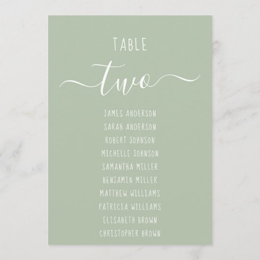 Carte Sage Green Modern White Script Seating Chart Card (Dos)