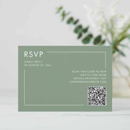 Carte Sage Green Photo QR Code Mariage RSVP Enclôture (Debout devant)