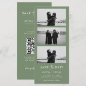 Carte Sage Green Photo Strip QR Code Enregistrer la date (Devant / Derrière)